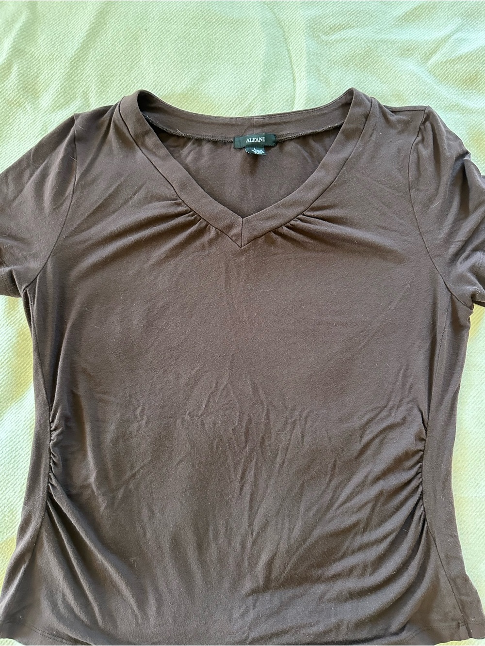 Alfani Brown V-Neck Ruched Short Sleeve Tee
